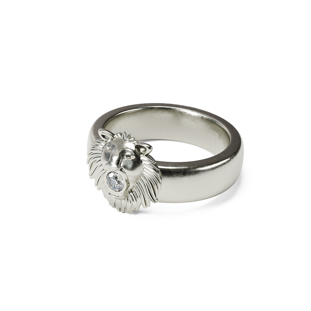 Silver ring with a bat design and a small gemstone in the center.