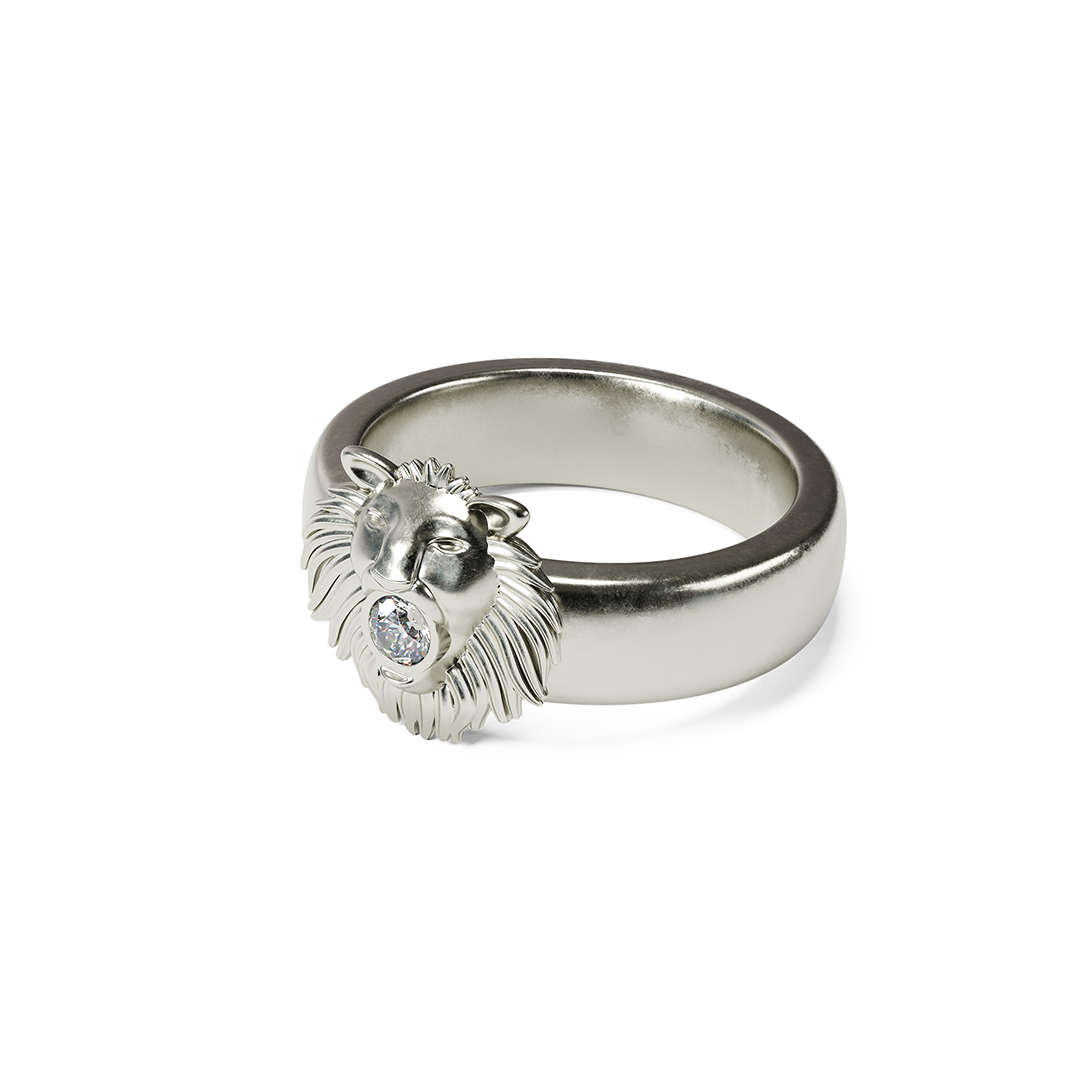 Silver ring with a bat design and a small gemstone in the center.